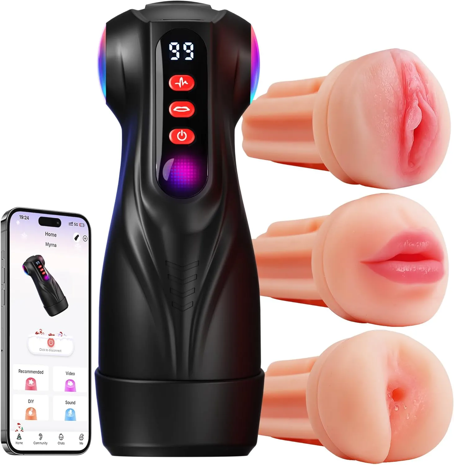 Masturbador para hombres - Masturbador con 3 insertos, app control y luces LED